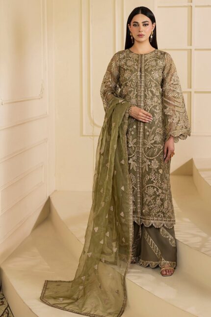 5137-GREEN EMBROIDERED ORGANZA STITCHED