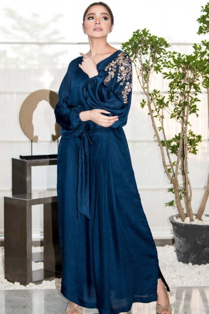 0051-NAVY-MIST HAND EMBELLISHED SILK STITCHED